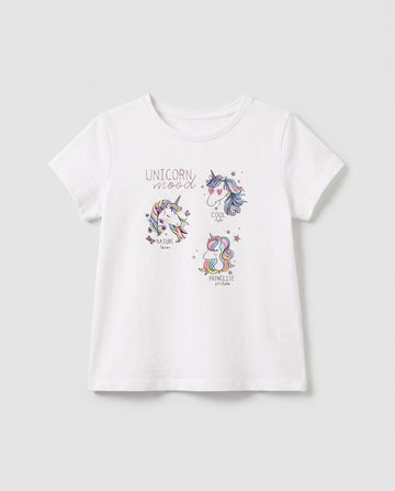 Girls' white short sleeve cotton t-shirt with three rainbow unicorns and glitter Unicorn Mood print
