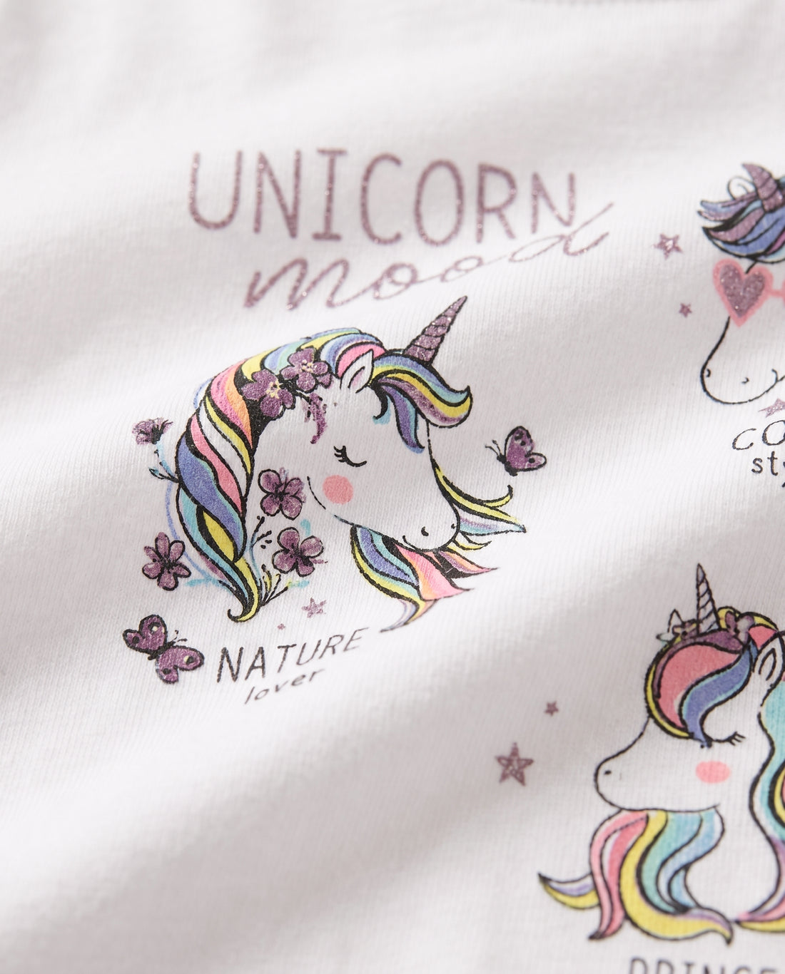 Girls' white short sleeve cotton t-shirt with three rainbow unicorns and glitter Unicorn Mood print