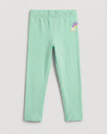 Full-length girls' slim-fit leggings in fresh mint green with a small rainbow and cloud 