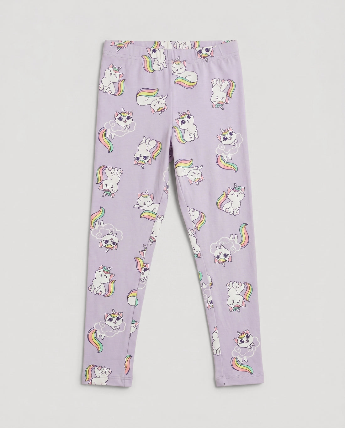 Full-length girls' lavender stretch leggings with all-over unicorn cat and rainbow print, elasticated waistband, slim fit design, laid flat on a white background.