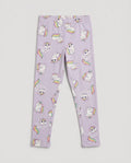 Full-length girls' lavender stretch leggings with all-over unicorn cat and rainbow print, elasticated waistband, slim fit design, laid flat on a white background.
