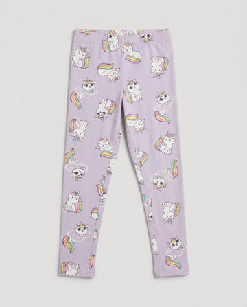Full-length girls' lavender stretch leggings with all-over unicorn cat and rainbow print, elasticated waistband, slim fit design, laid flat on a white background.