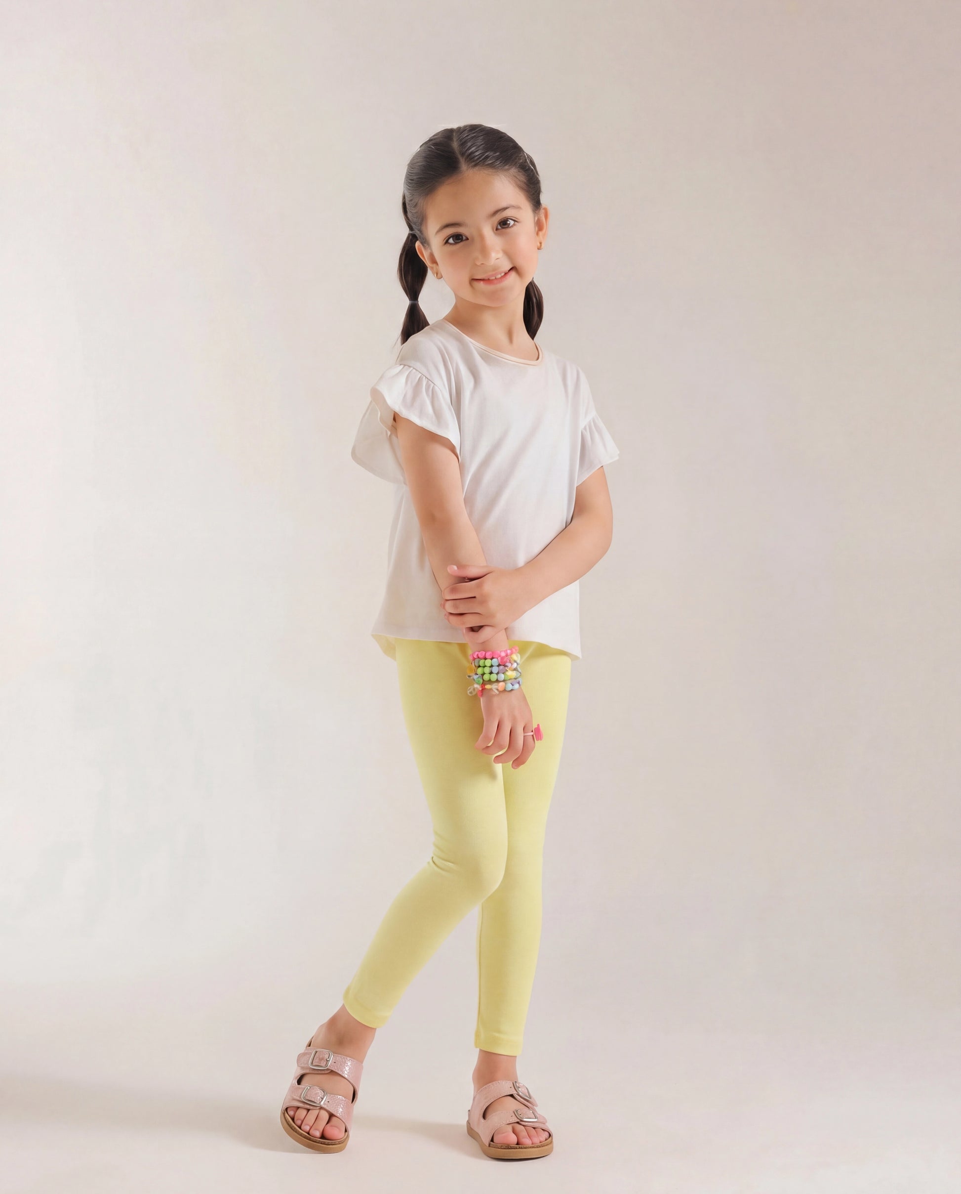 Young girl wearing a white shirt and yellow leggings on a plain background
