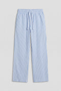 Girls blue and white stripe straight-cut cotton pants with elastic drawstring waist