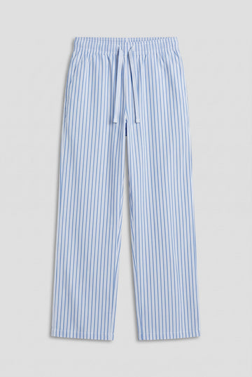 Girls blue and white stripe straight-cut cotton pants with elastic drawstring waist
