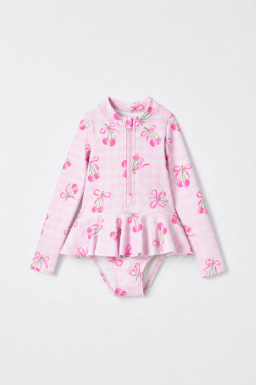 Baby Girl's Cherry Print Swimsuit — Candy Pink, gingham check
