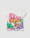 Girls' white short sleeve cotton t-shirt with cartoon puppy and colourful jungle print