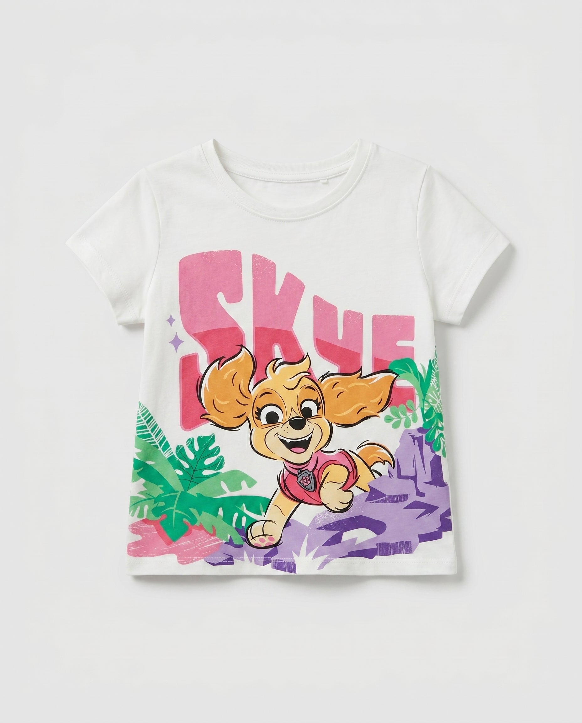 Girls' white short sleeve cotton t-shirt with cartoon puppy and colourful jungle print