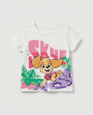 Girls' white short sleeve cotton t-shirt with cartoon puppy and colourful jungle print