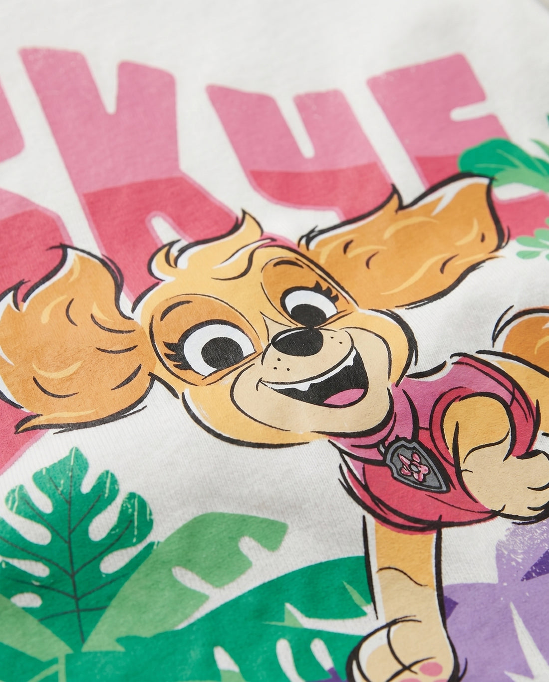 Girls' white short sleeve cotton t-shirt with cartoon puppy and colourful jungle print
