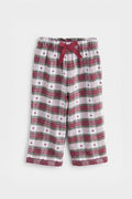 Girls' berry and sage check woven cotton trousers with heart motif, ribbon bow waist and piped hem, flat lay — PTex Fashion