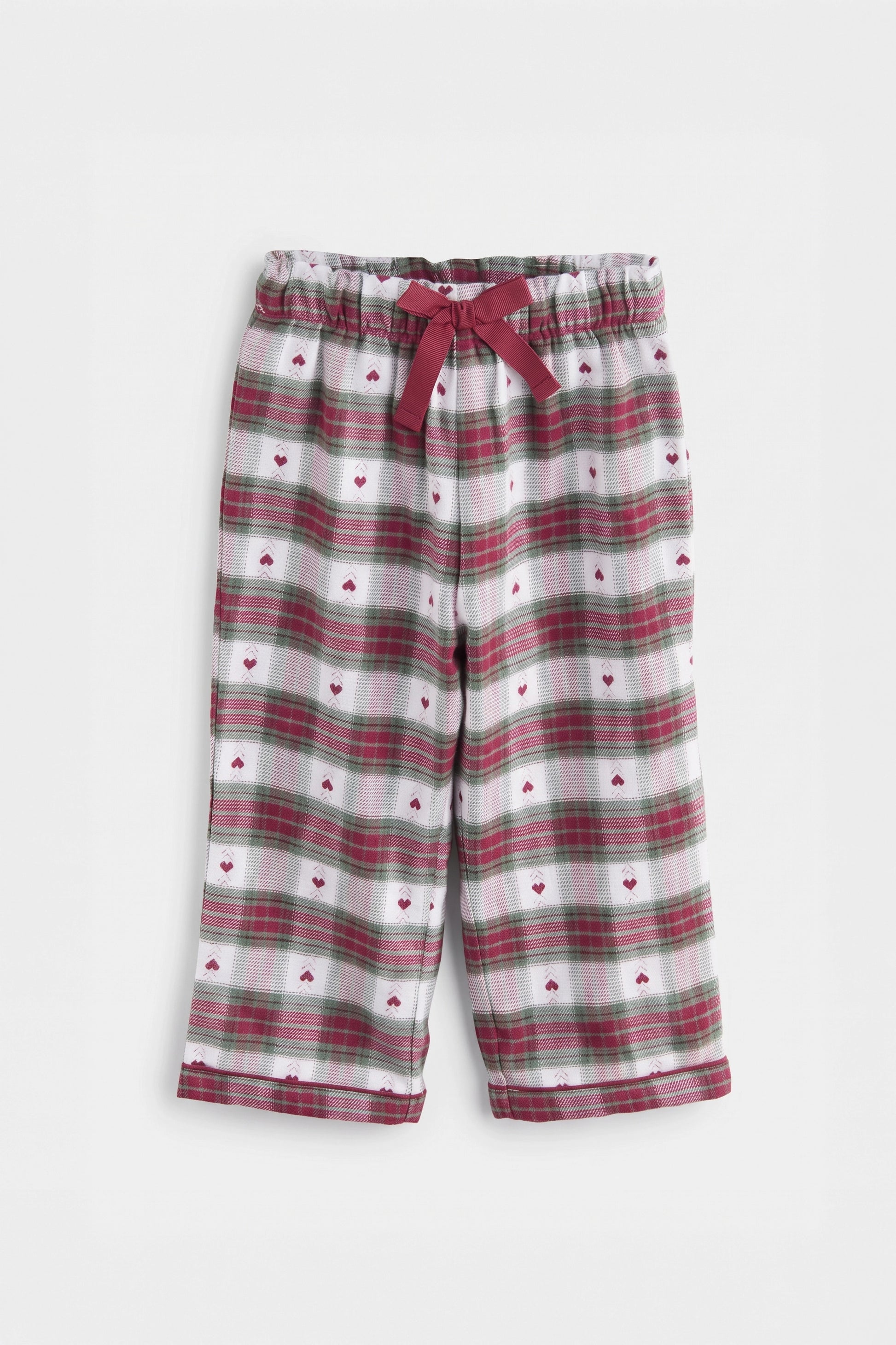 Girls' berry and sage check woven cotton trousers with heart motif, ribbon bow waist and piped hem, flat lay — PTex Fashion