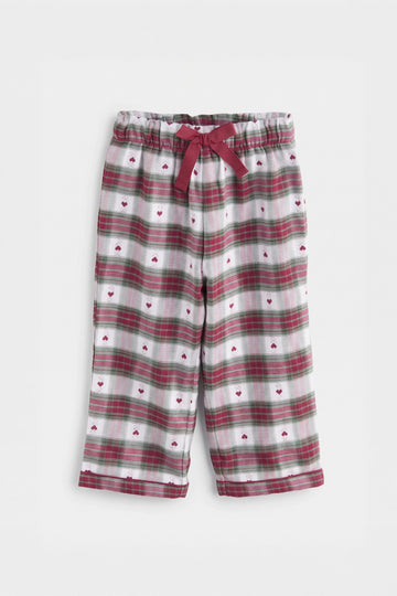 Girls' berry and sage check woven cotton trousers with heart motif, ribbon bow waist and piped hem, flat lay — PTex Fashion