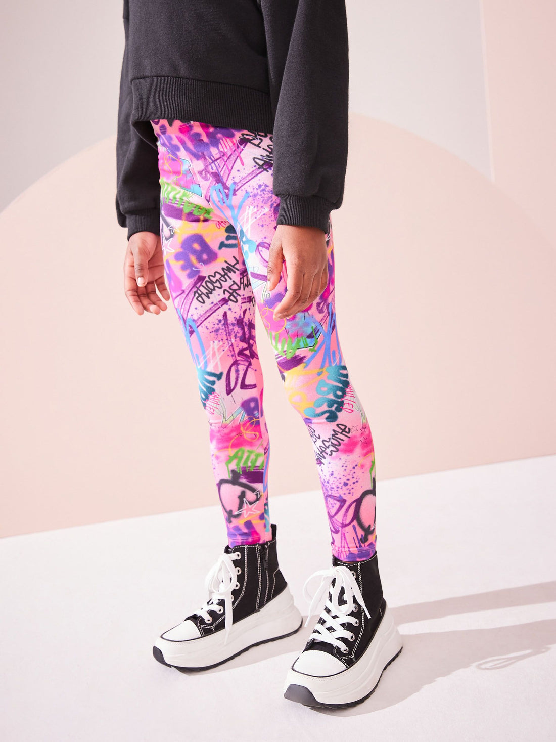 Girls slim fit graffiti paint cotton leggings