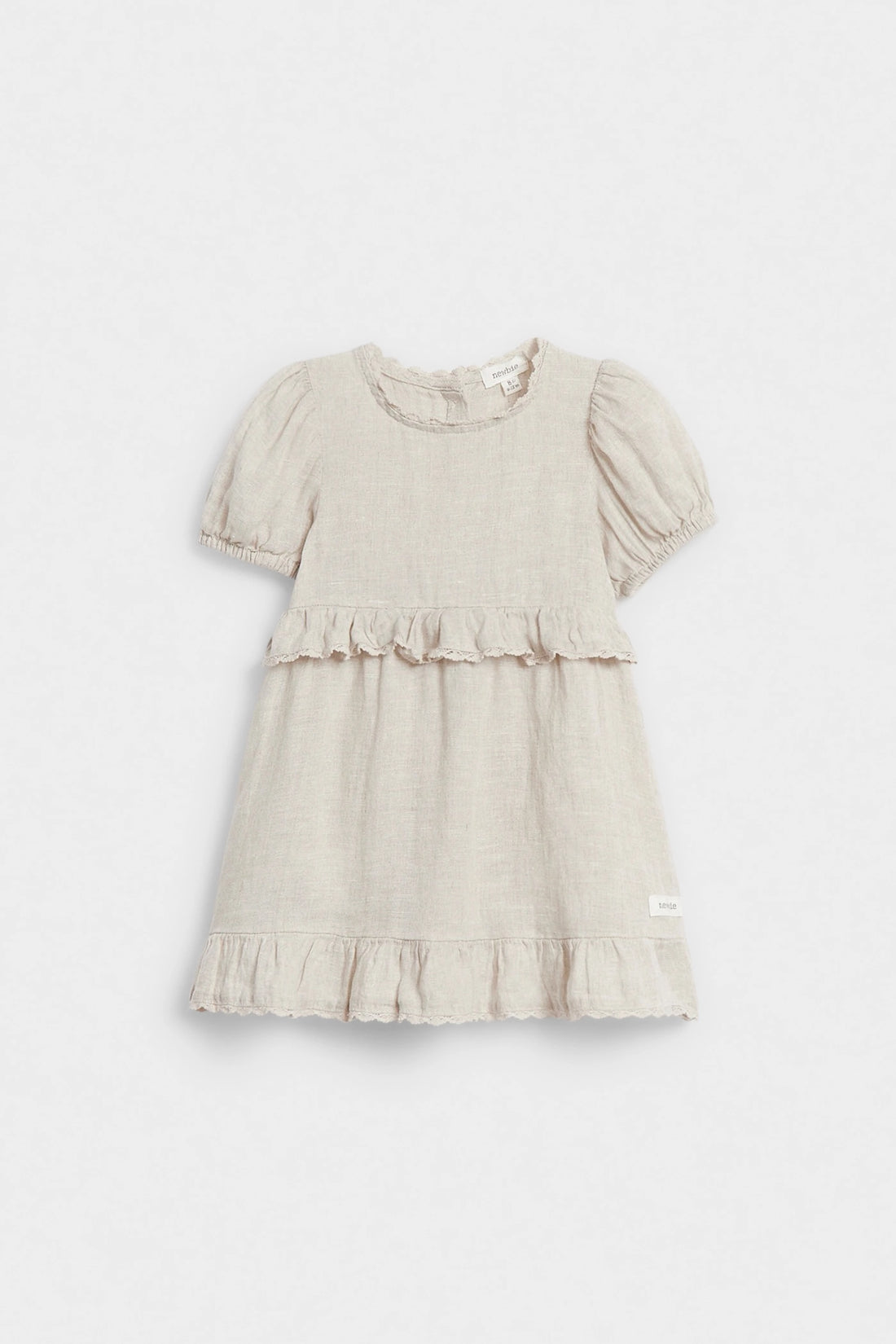 Front view of girls’ beige linen ruffle dress with puff sleeves and tiered hem