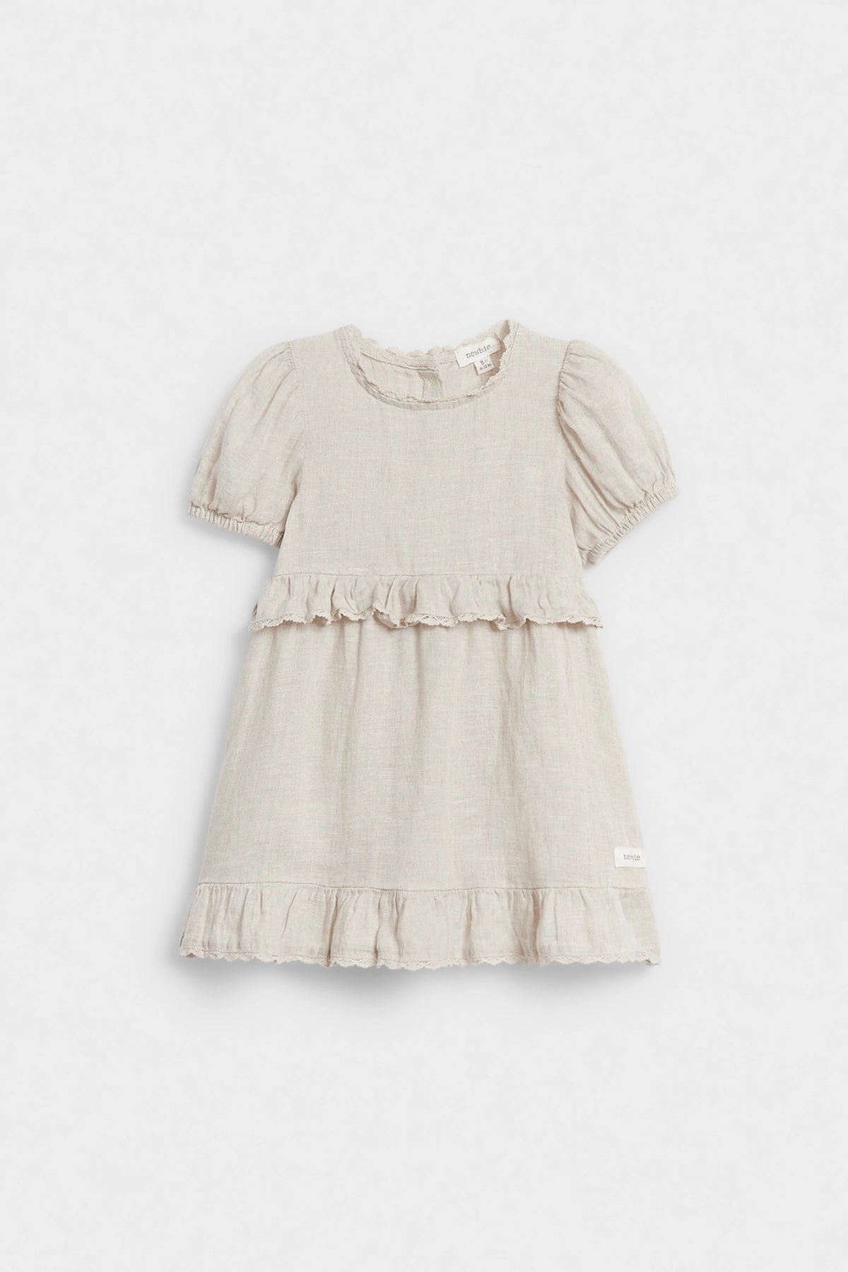 Front view of girls’ beige linen ruffle dress with puff sleeves and tiered hem