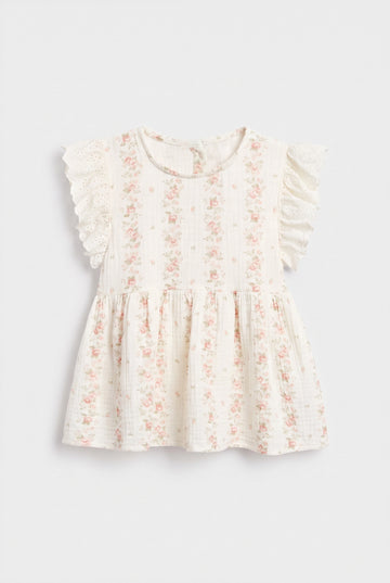 Girls' Floral Muslin Top — Cream