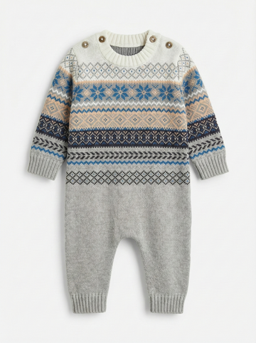 Nordic Knit Baby Romper| Soft Grey & Fair Isle