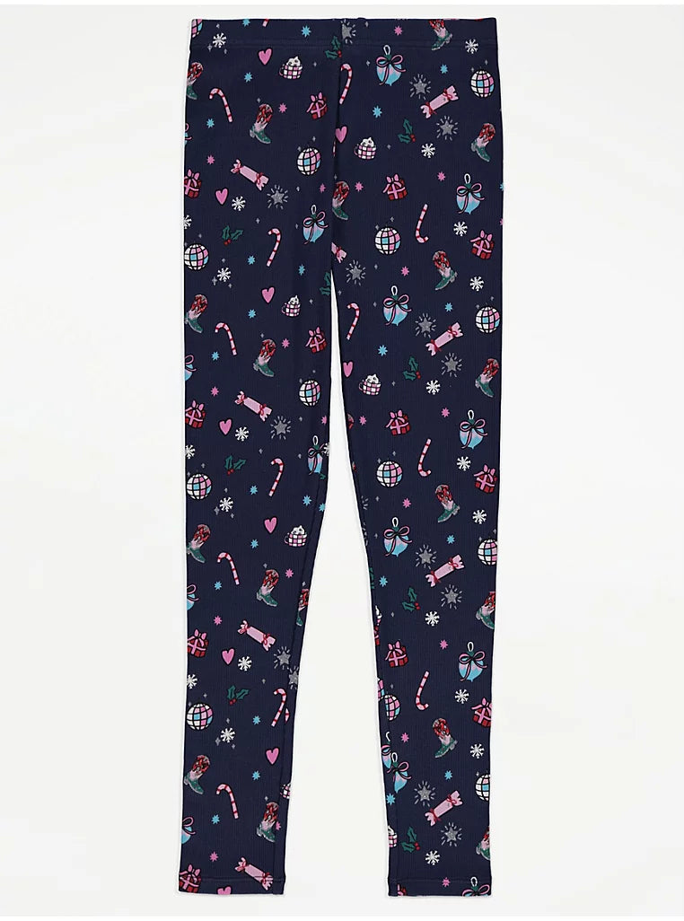 Girls' Navy Holiday Print Ribbed Cotton Leggings