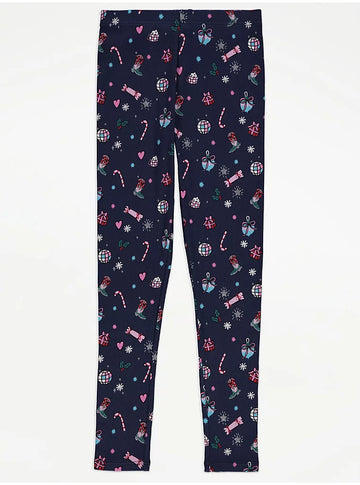 Girls' Navy Holiday Print Ribbed Cotton Leggings