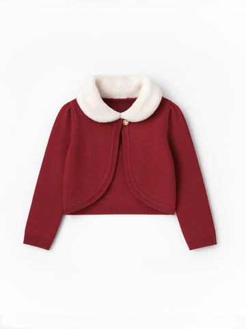 Toddler Girl’s Maroon Knit Cropped  Cardigan with Faux Fur Collar