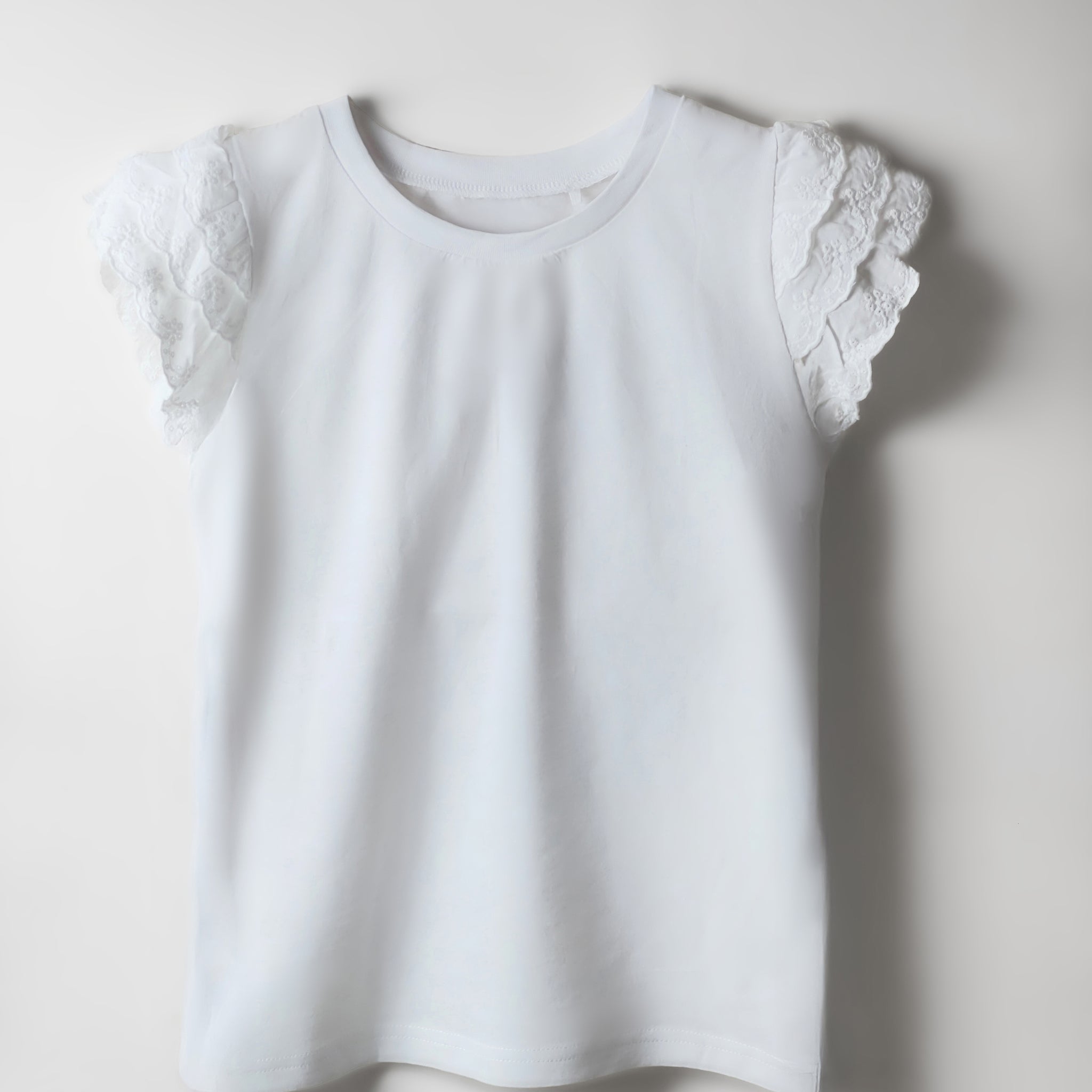 Girl's Short Ruffled Sleeve Plain Cotton T-shirt in white