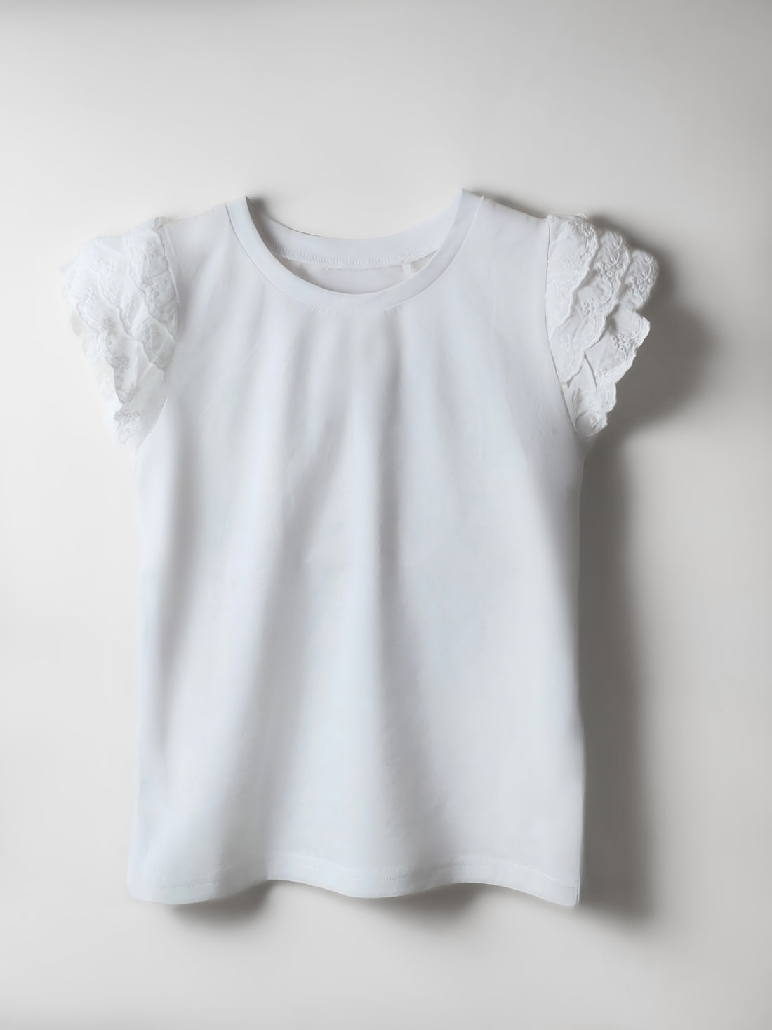 Girl's Short Ruffled Sleeve Plain Cotton T-shirt in white