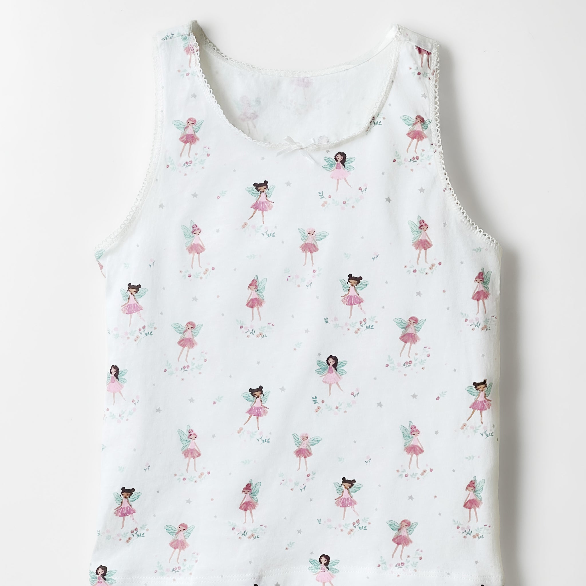 Toddler Girl's Lace Trimmed Cotton Tank Tops | White, Fairy Print