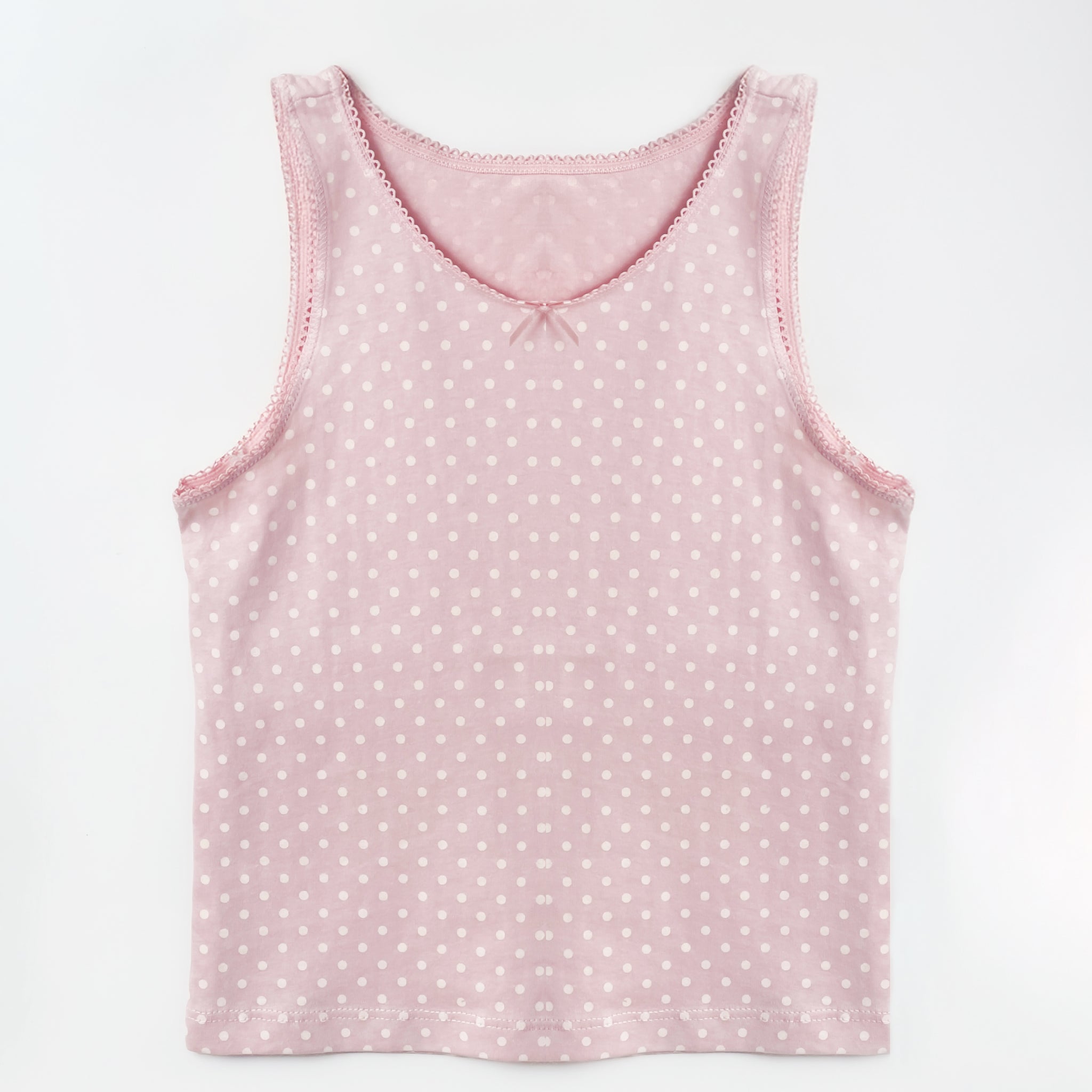 Girl's Tank Top | Cotton, Lace Trimmed, Pink Polka Dot Print