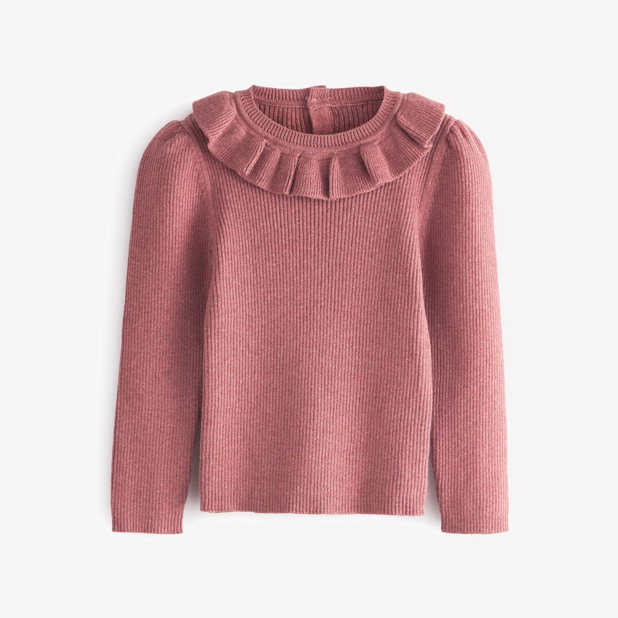 Girl's Frill Neck knitted Jumper | Ribbed Cotton, Dusty Pink