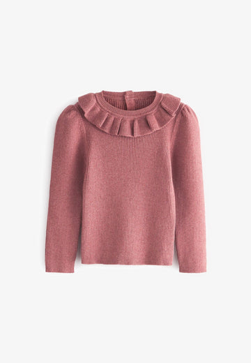 Girl's Frill Neck knitted Jumper | Ribbed Cotton, Dusty Pink