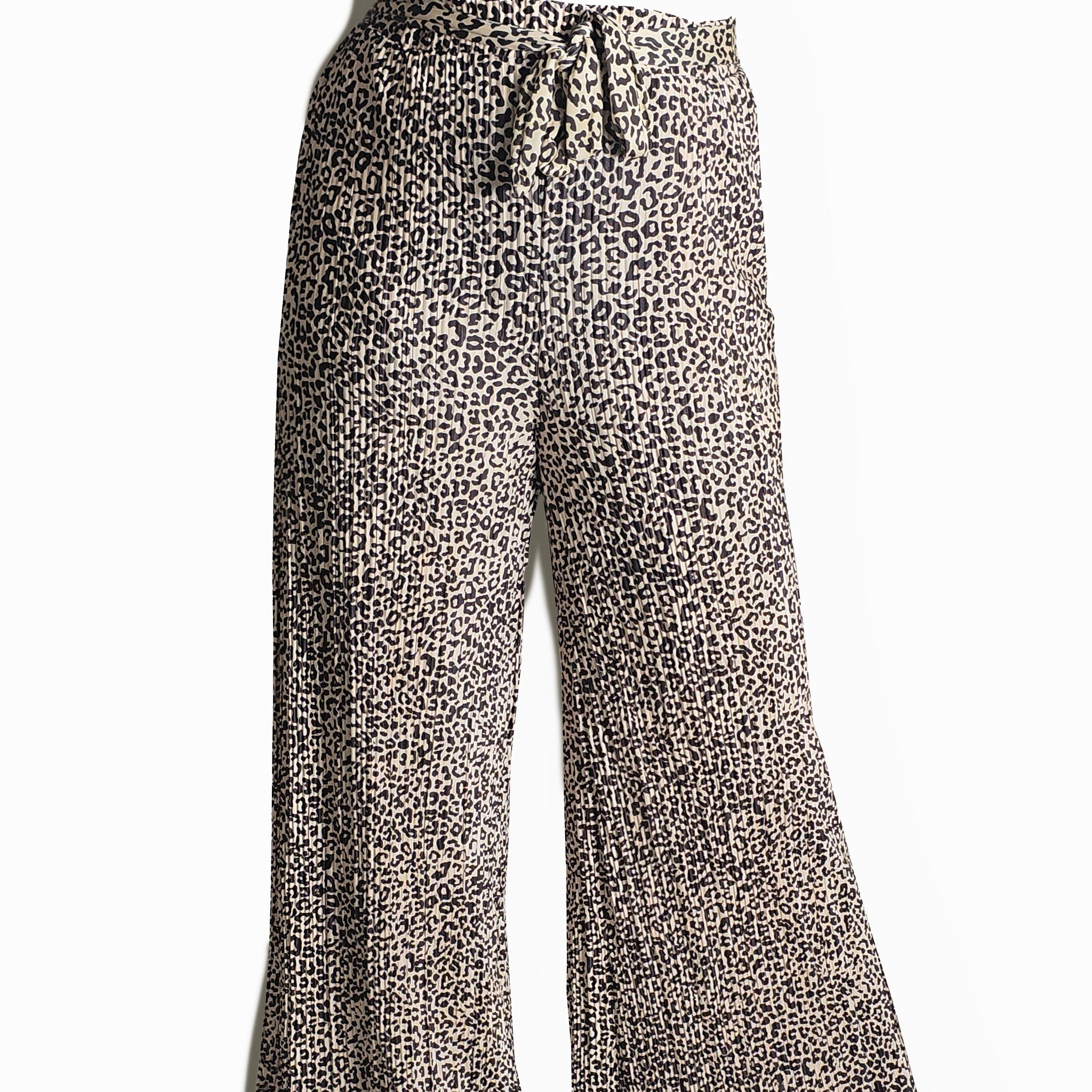 Women's High Rise Wide Leg Plisse Pant | Polyester, Adjustable waist, Leopard Print