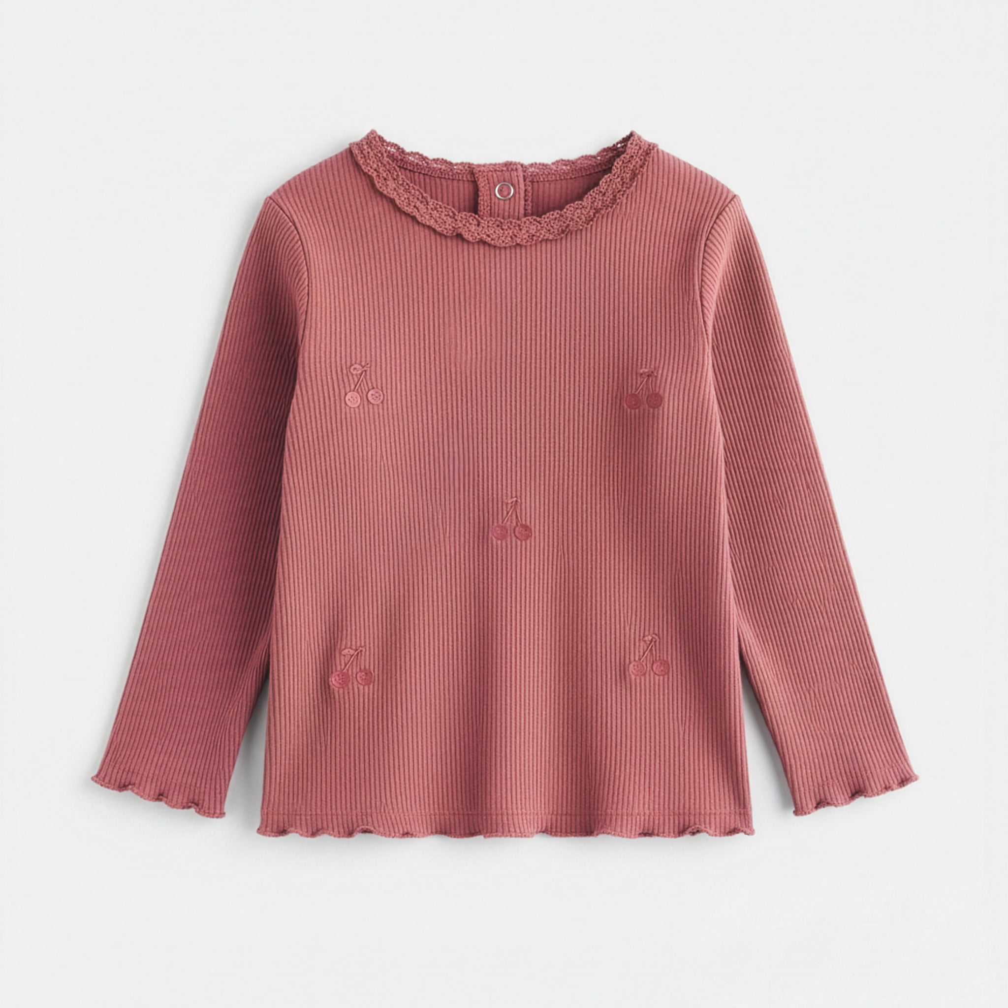 Baby Girl's Ribbed Cotton Full Sleeve T-shirt | Dark Dusty Rose Color