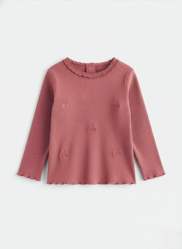 Baby Girl's Ribbed Cotton Full Sleeve T-shirt | Dark Dusty Rose Color