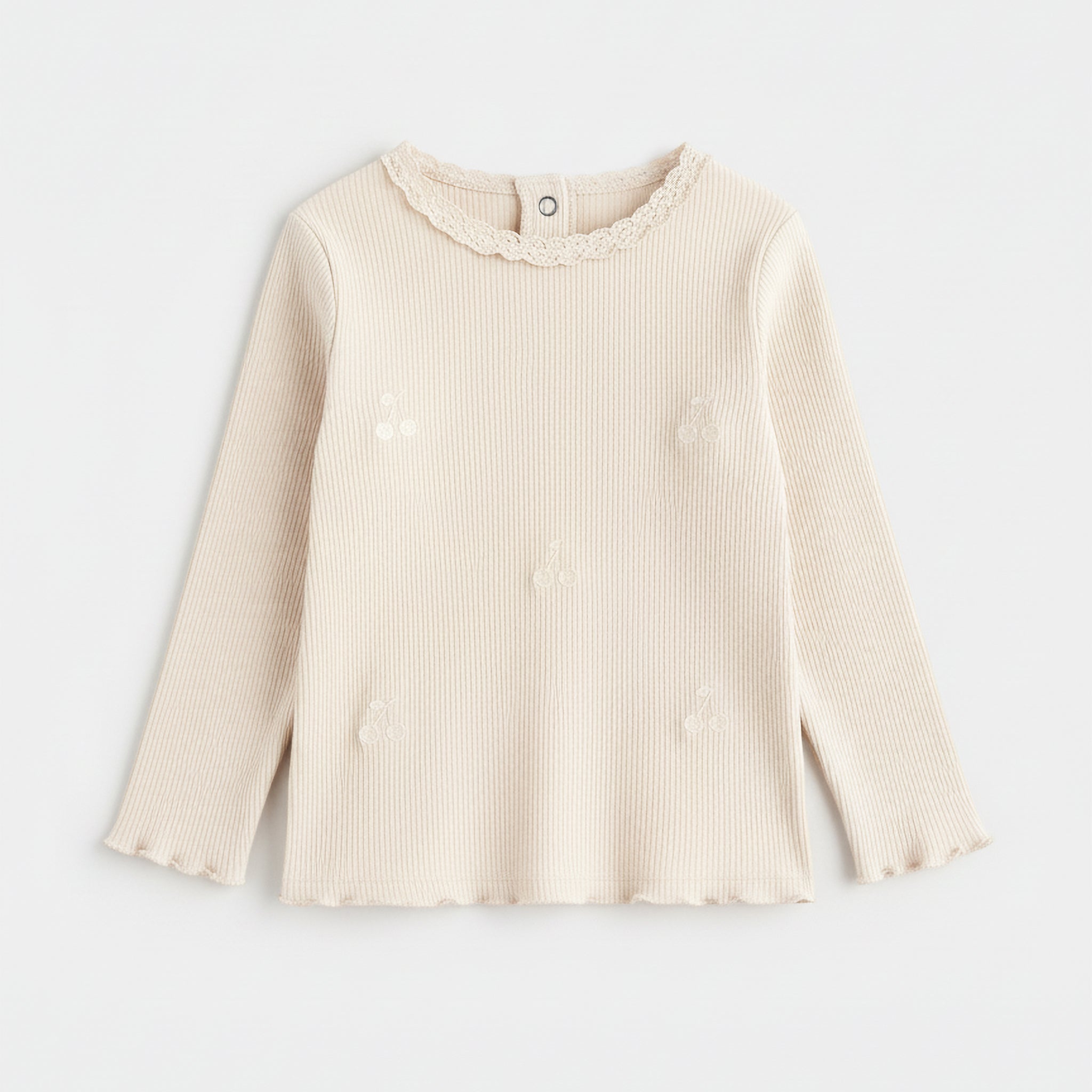 Baby Girl's Ribbed Cotton Full Sleeve T-shirt | Light Cream Color