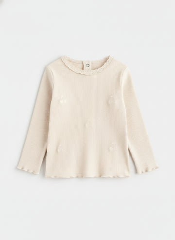 Baby Girl's Ribbed Cotton Full Sleeve T-shirt | Light Cream Color