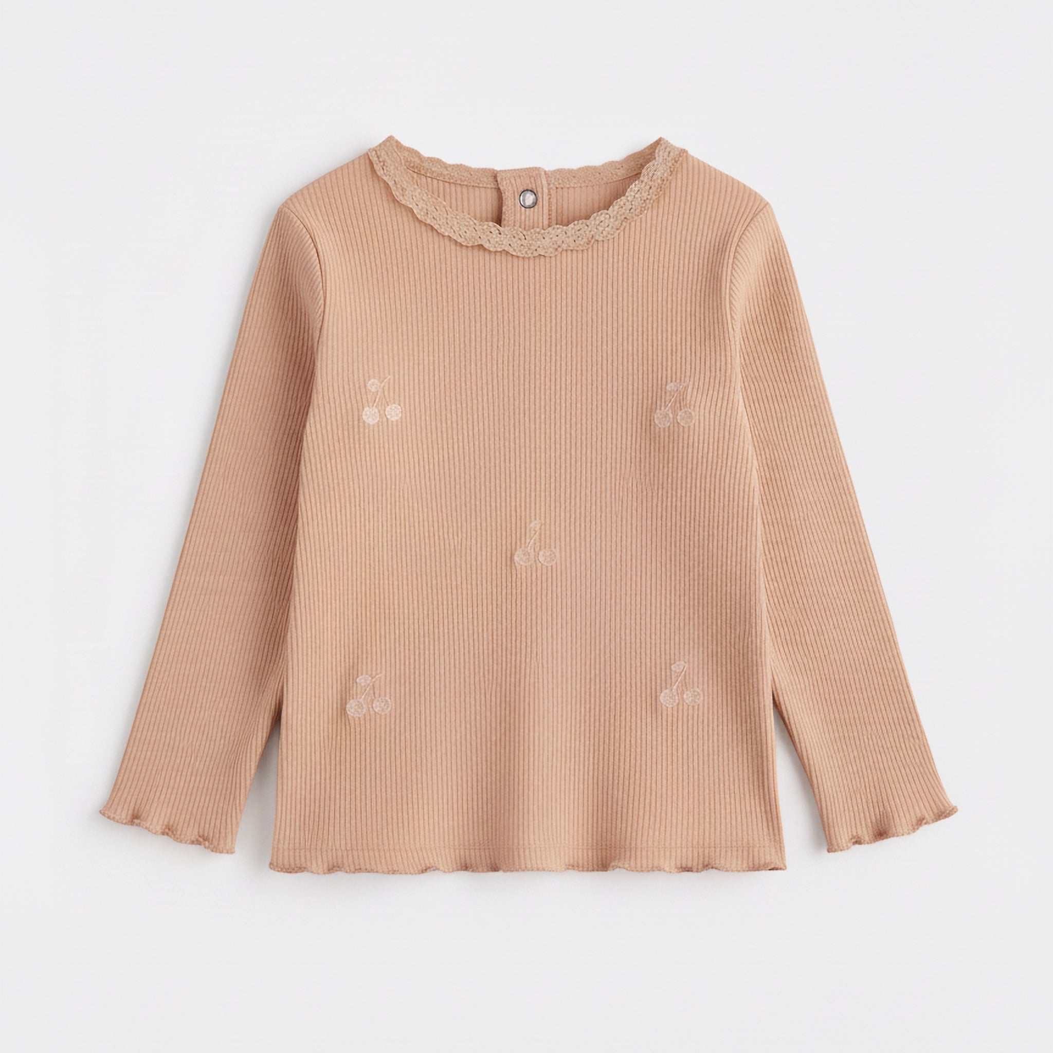 Baby Girl's Ribbed Cotton Full Sleeve T-shirt | Wooden Color