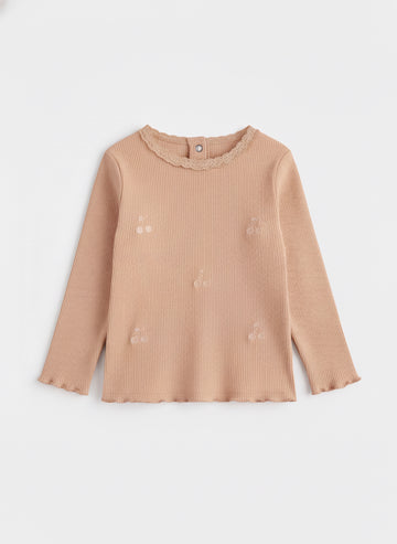 Baby Girl's Ribbed Cotton Full Sleeve T-shirt | Wooden Color