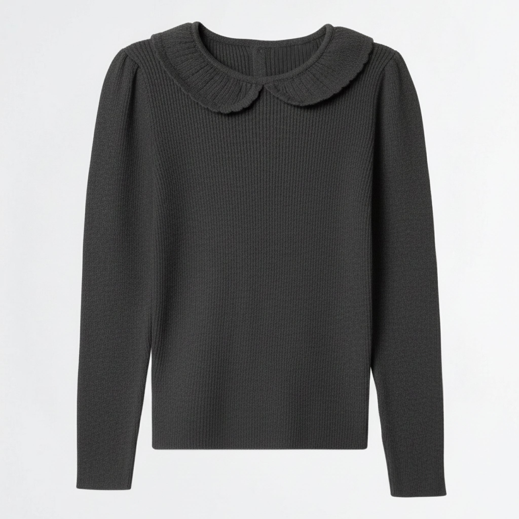 Toddler Girls’ Ribbed Knit Long Sleeve Top with Peter Pan Collar – Charcoal Black