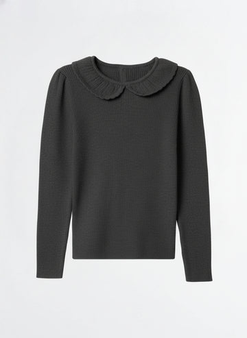 Toddler Girls’ Ribbed Knit Long Sleeve Top with Peter Pan Collar – Charcoal Black
