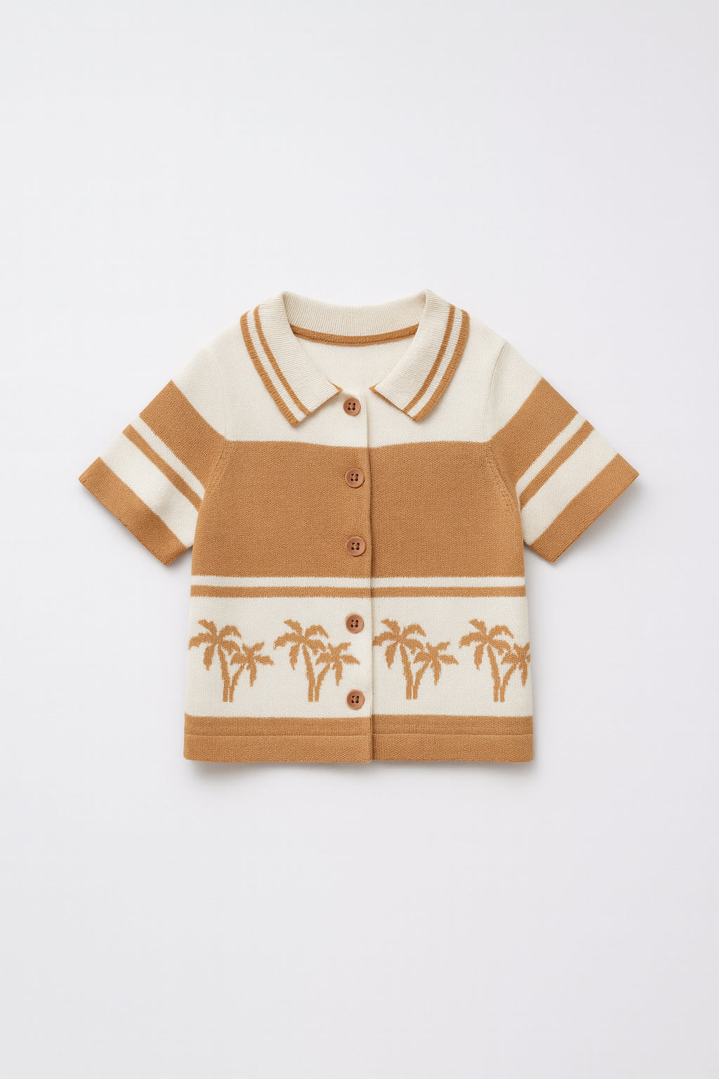 Children's brown and beige striped shirt with palm tree design on a white background