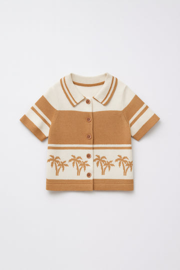 Children's brown and beige striped shirt with palm tree design on a white background
