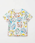Flat lay of a boys' white short-sleeve t-shirt with a fun all-over repeat print of Pokémon characters including Pikachu, Charmander, Squirtle, and Bulbasaur in comic line-art style with multicolour ink-splash accents
