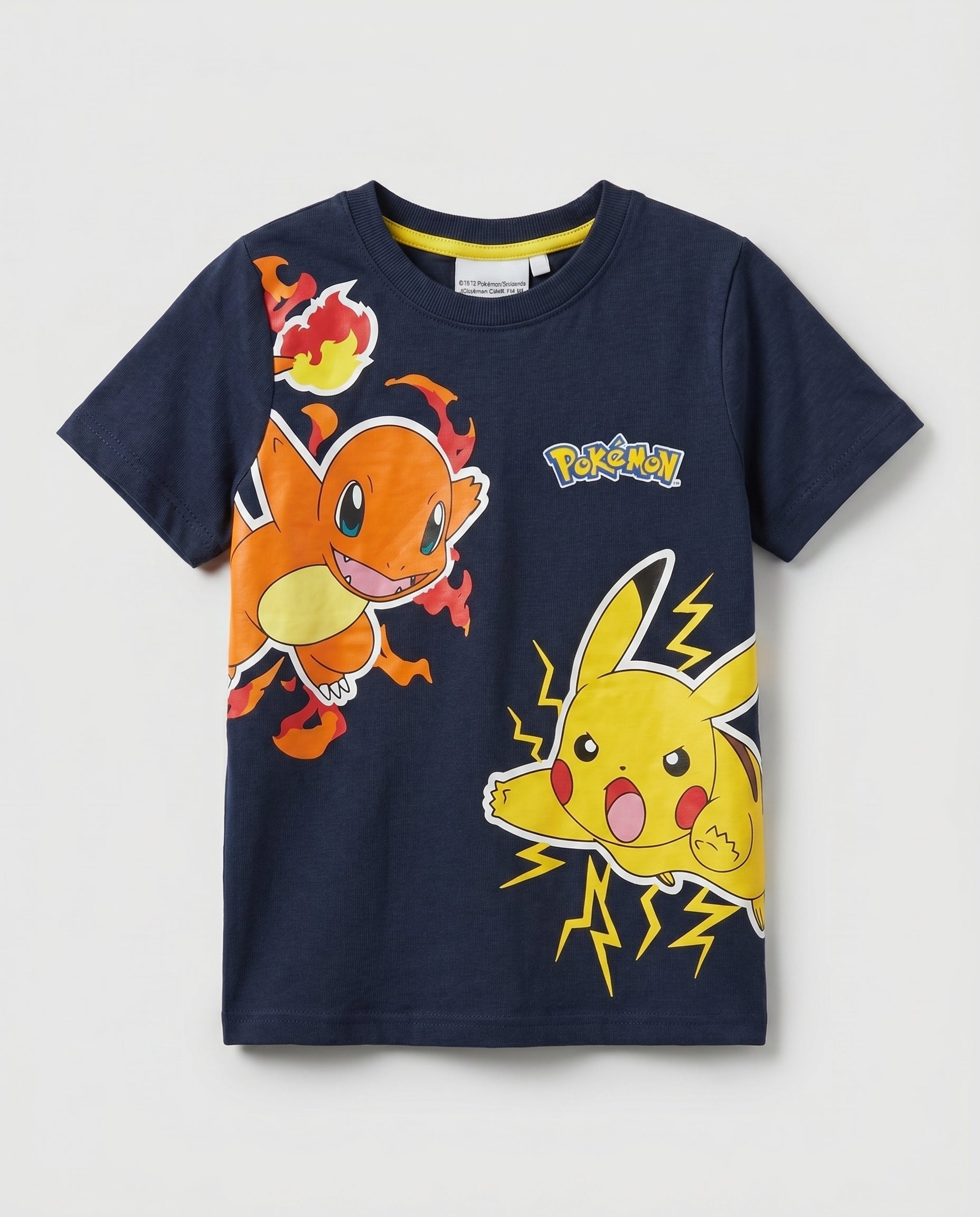 Boys' navy blue short-sleeve t-shirt with large front graphic print of two action-pose animated characters surrounded by fire and lightning bolts, with yellow inner collar detail