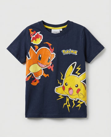 Boys' navy blue short-sleeve t-shirt with large front graphic print of two action-pose animated characters surrounded by fire and lightning bolts, with yellow inner collar detail