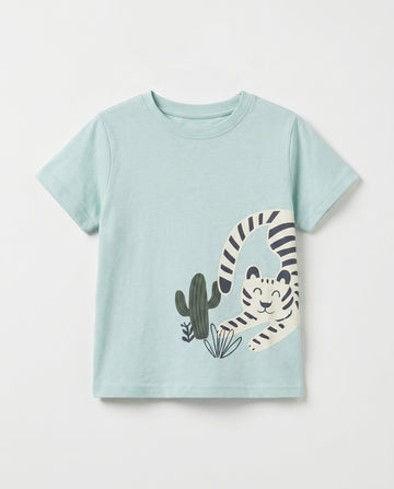  Boys' mint blue short sleeve cotton t-shirt with large striped big cat and desert cactus graphic print on front, flat lay on white background