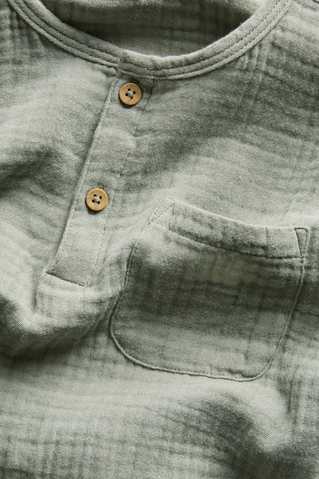 PTex Fashion boys' sage green muslin henley shirt, full front flat lay