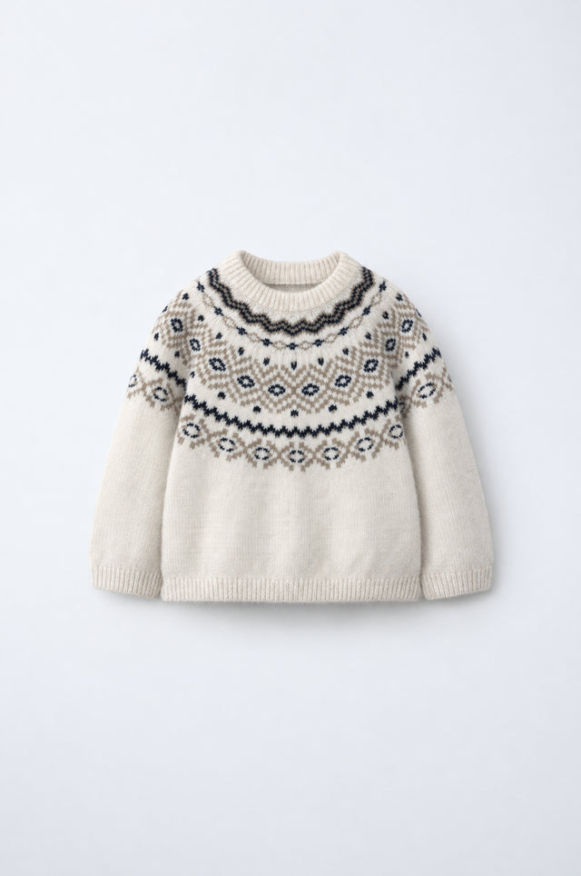 PTex Fashion kids’ ecru Fair Isle knit sweater with taupe and navy yoke pattern and ribbed crew neck, front flat view