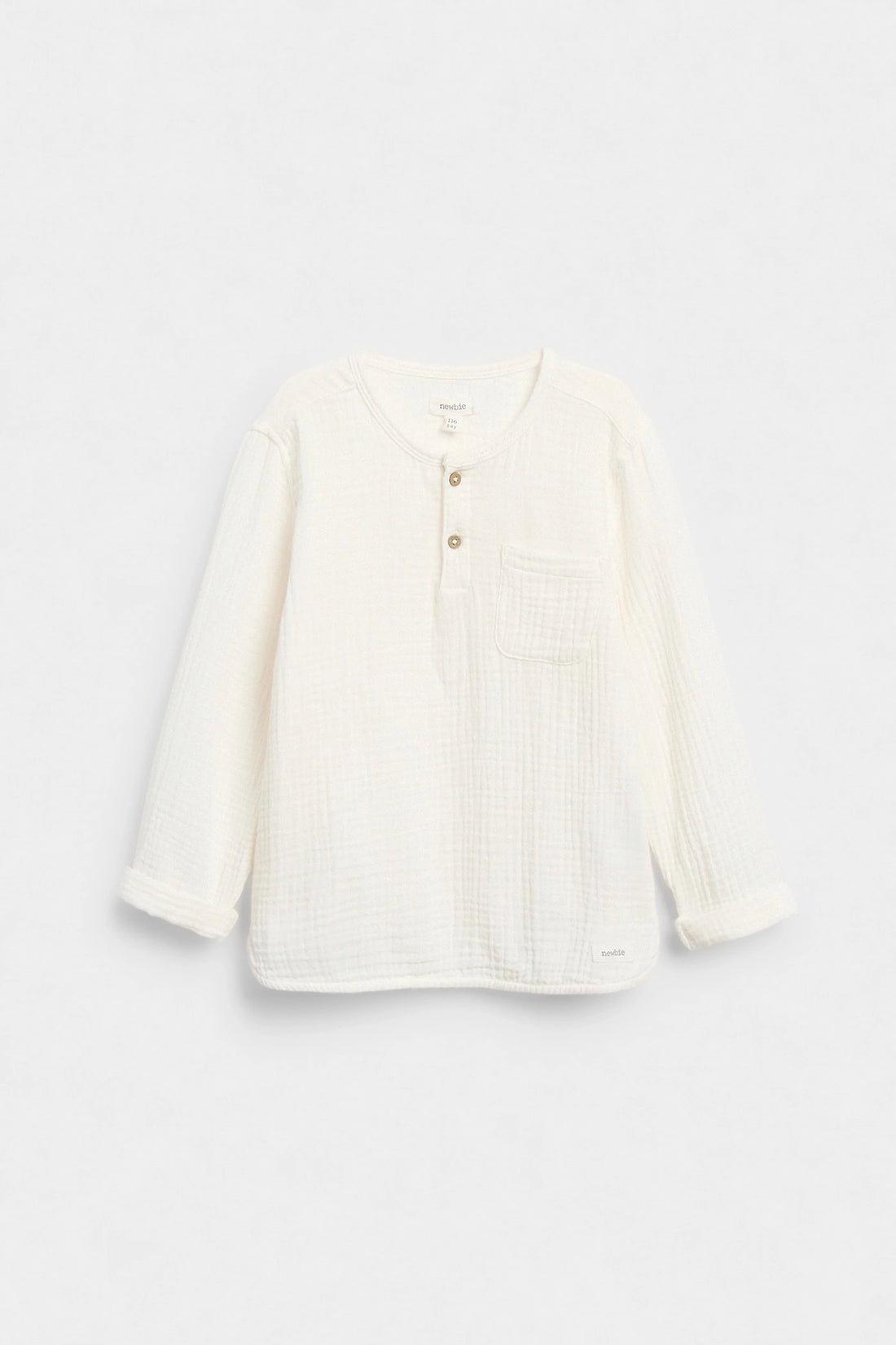 PTex Fashion off-white muslin henley shirt, full front flat lay