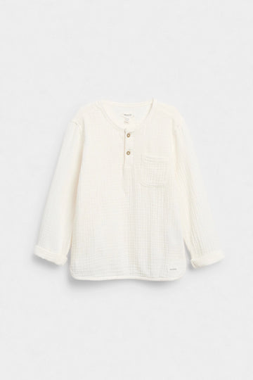 PTex Fashion off-white muslin henley shirt, full front flat lay